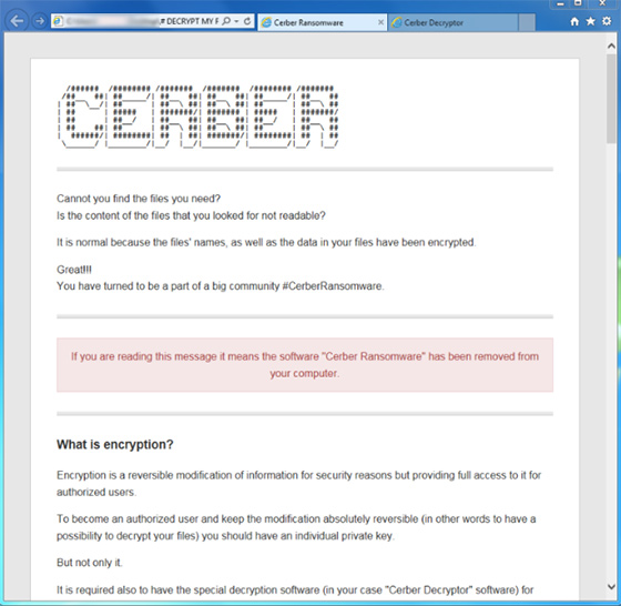 HTML variant of Cerber ransom notes